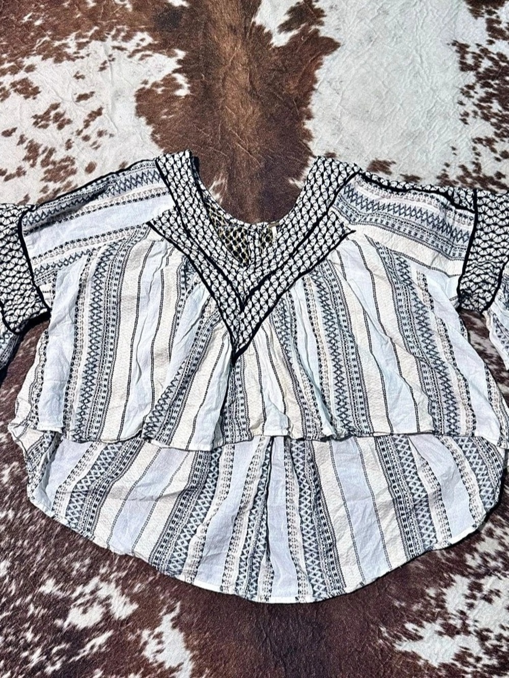 Free People Striped Ruffle Sleeve Blouse in White & Black Size small